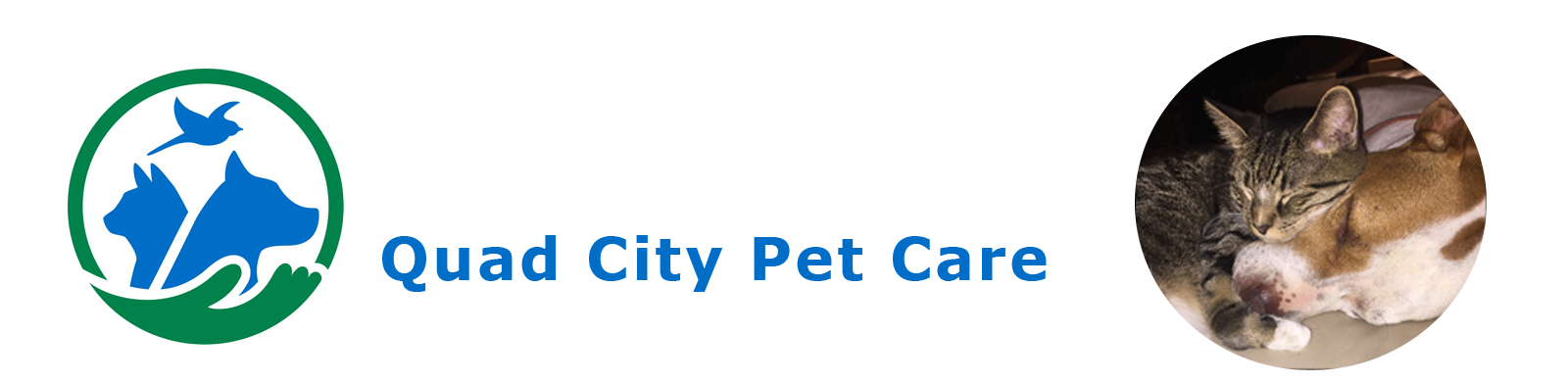Banner graphic with a photo of a cute puppy, the QC Pet Care logo that shows a hand holding a dog, cat, and bird, and text that says Quad City Pet Care